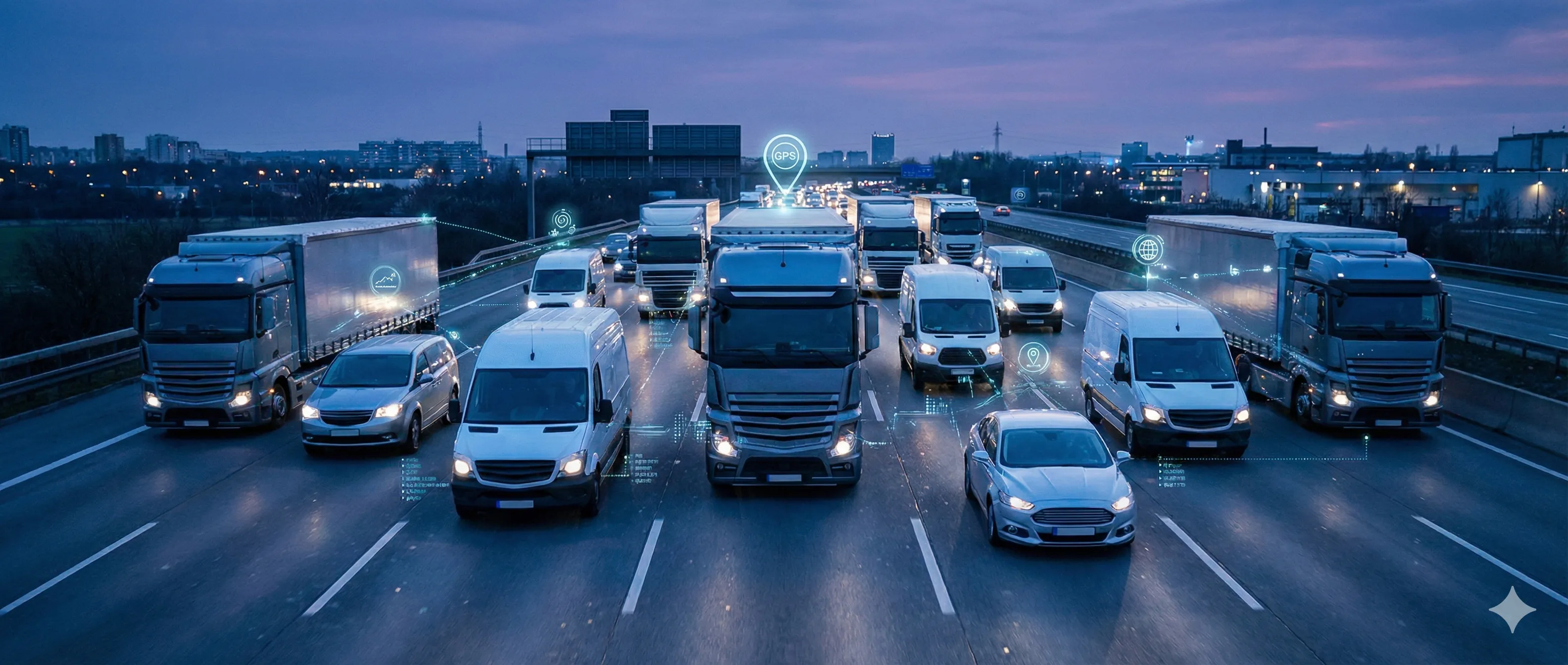 A fleet of vehicles with GPS tracking icons, representing asset security and management.