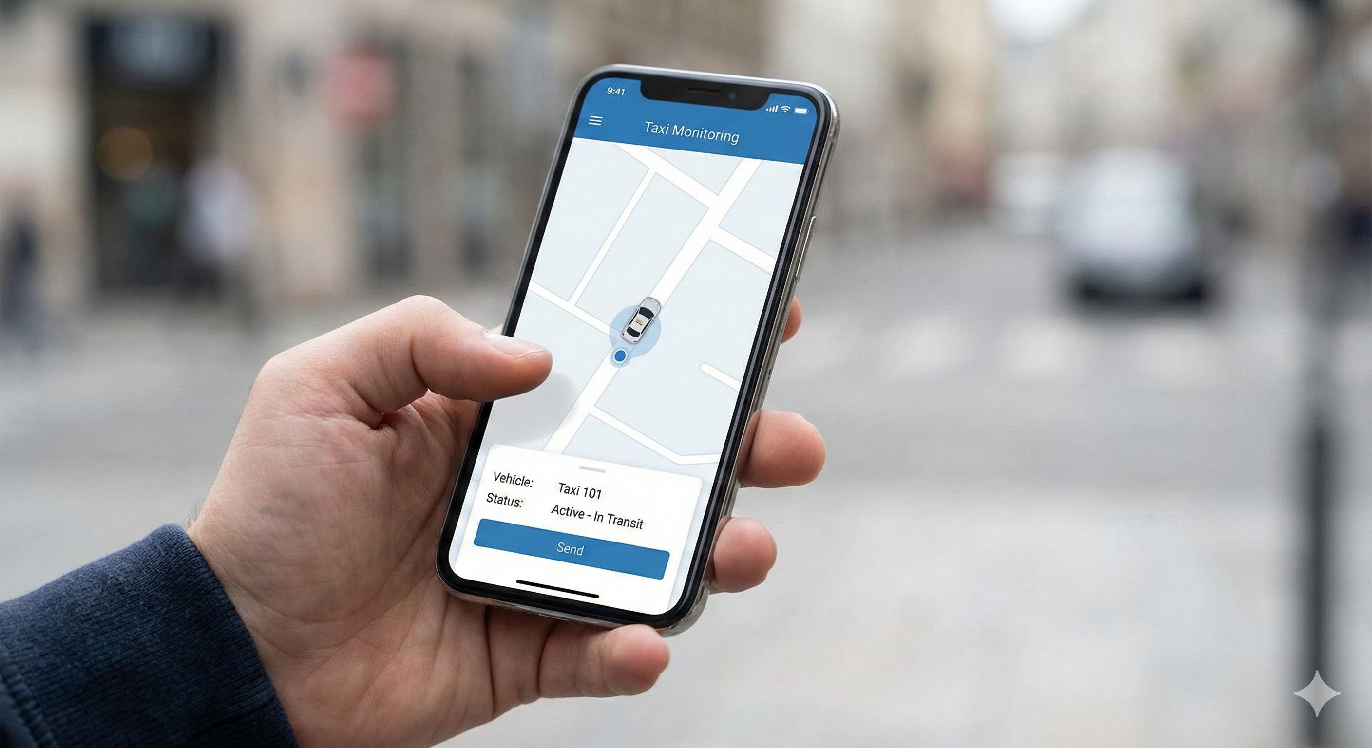 A mobile phone showing a taxi's real-time location on a map interface, demonstrating driver monitoring.